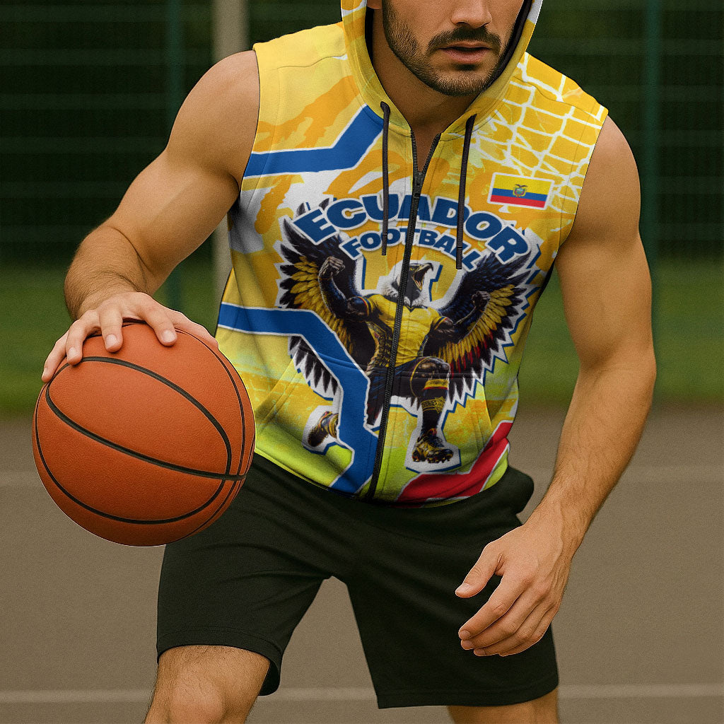 Personalized Ecuador Football Condor Mascot Sleeveless Zip Hoodie Golden Wings of La Tri