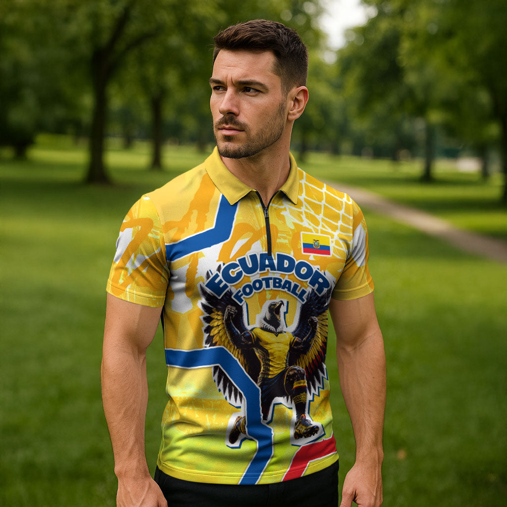 Personalized Ecuador Football Condor Mascot Zipper Polo Shirt Golden Wings of La Tri