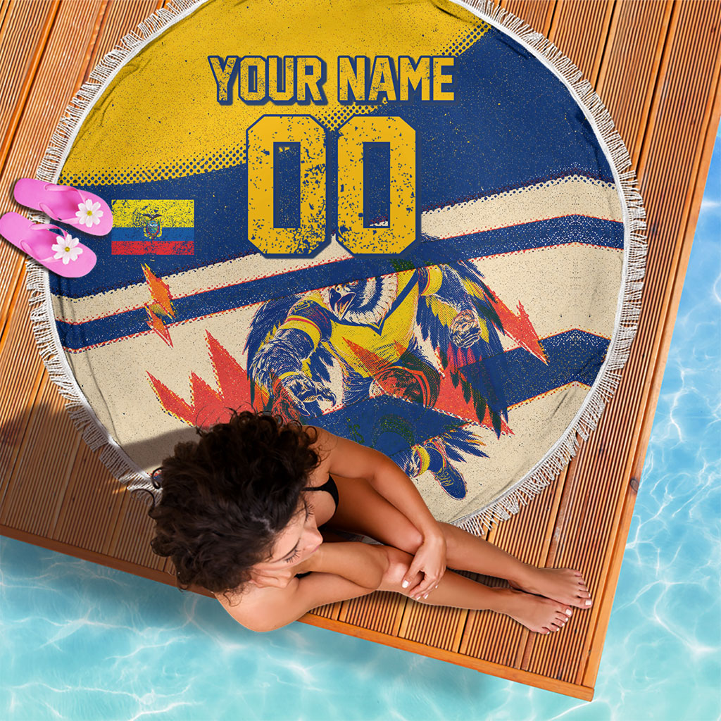 Personalized Ecuador Football Beach Blanket Condor Vintage Grunge National Pride Soccer Mascot
