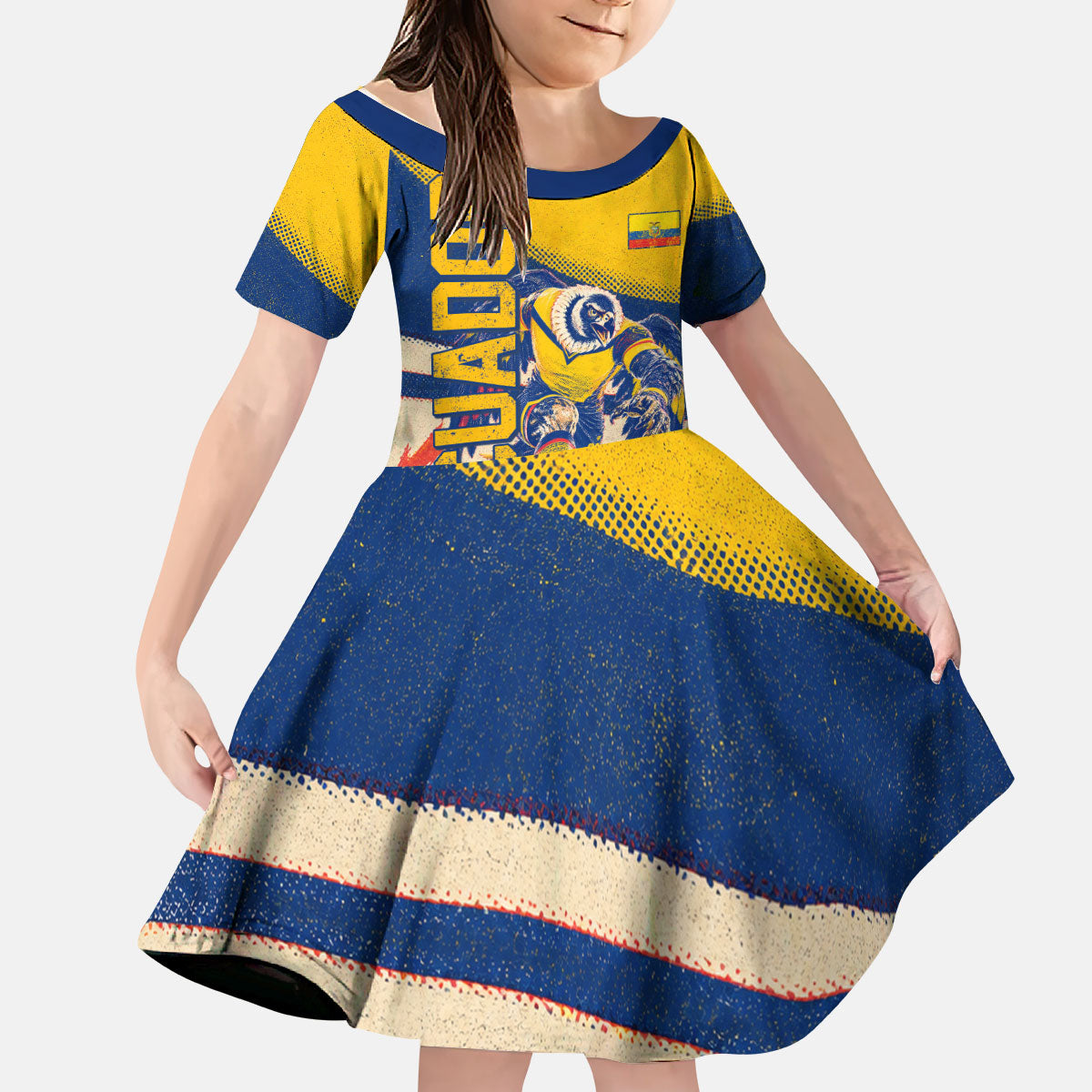 Personalized Ecuador Football Kid Short Sleeve Dress Condor Vintage Grunge National Pride Soccer Mascot