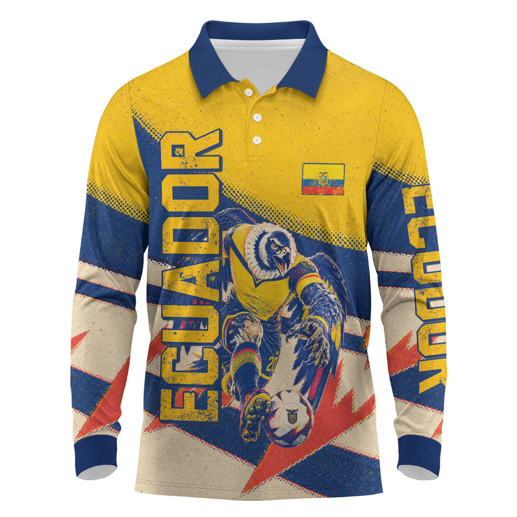 Personalized Ecuador Football Long Sleeve Polo Shirt Condor Vintage Grunge National Pride Soccer Mascot