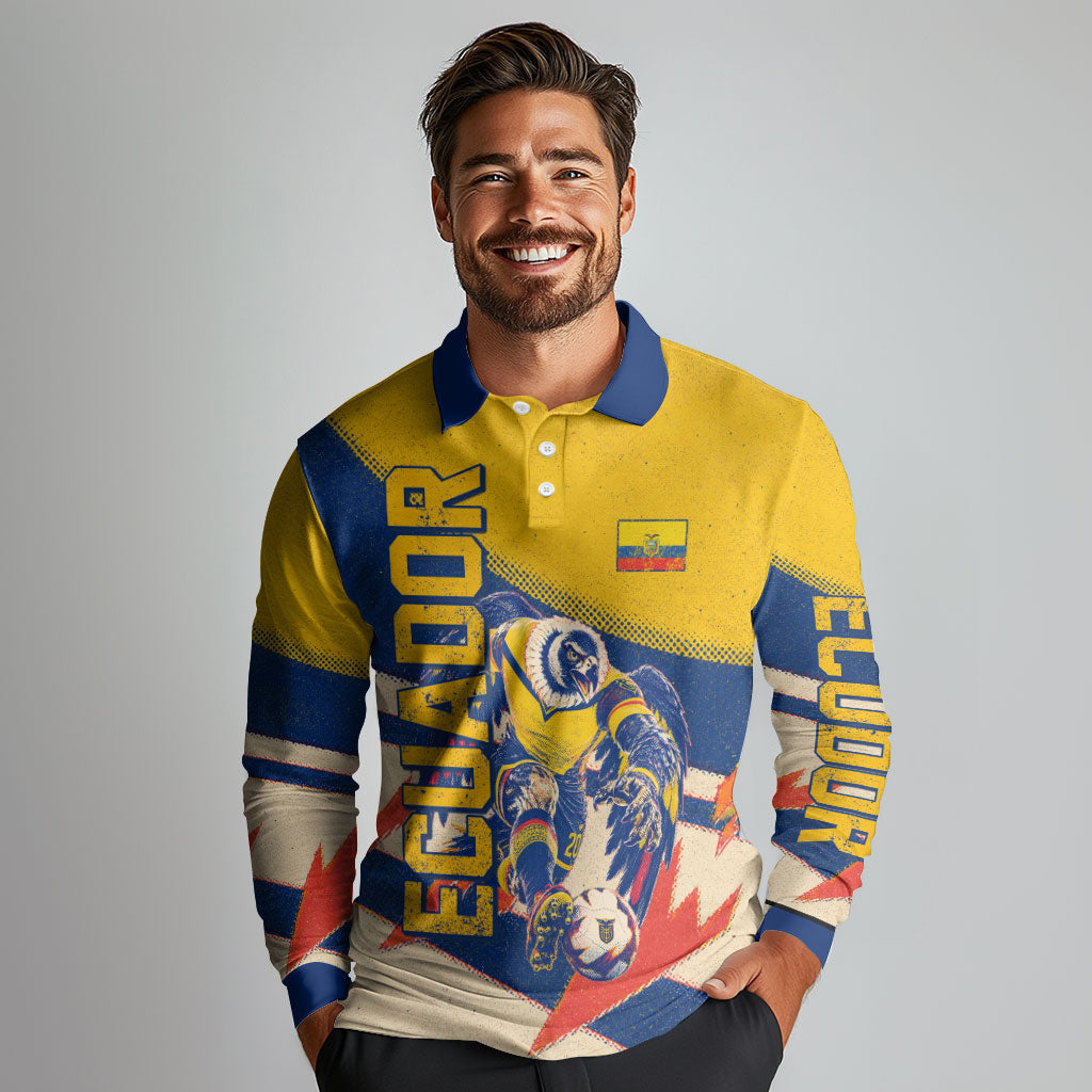Personalized Ecuador Football Long Sleeve Polo Shirt Condor Vintage Grunge National Pride Soccer Mascot