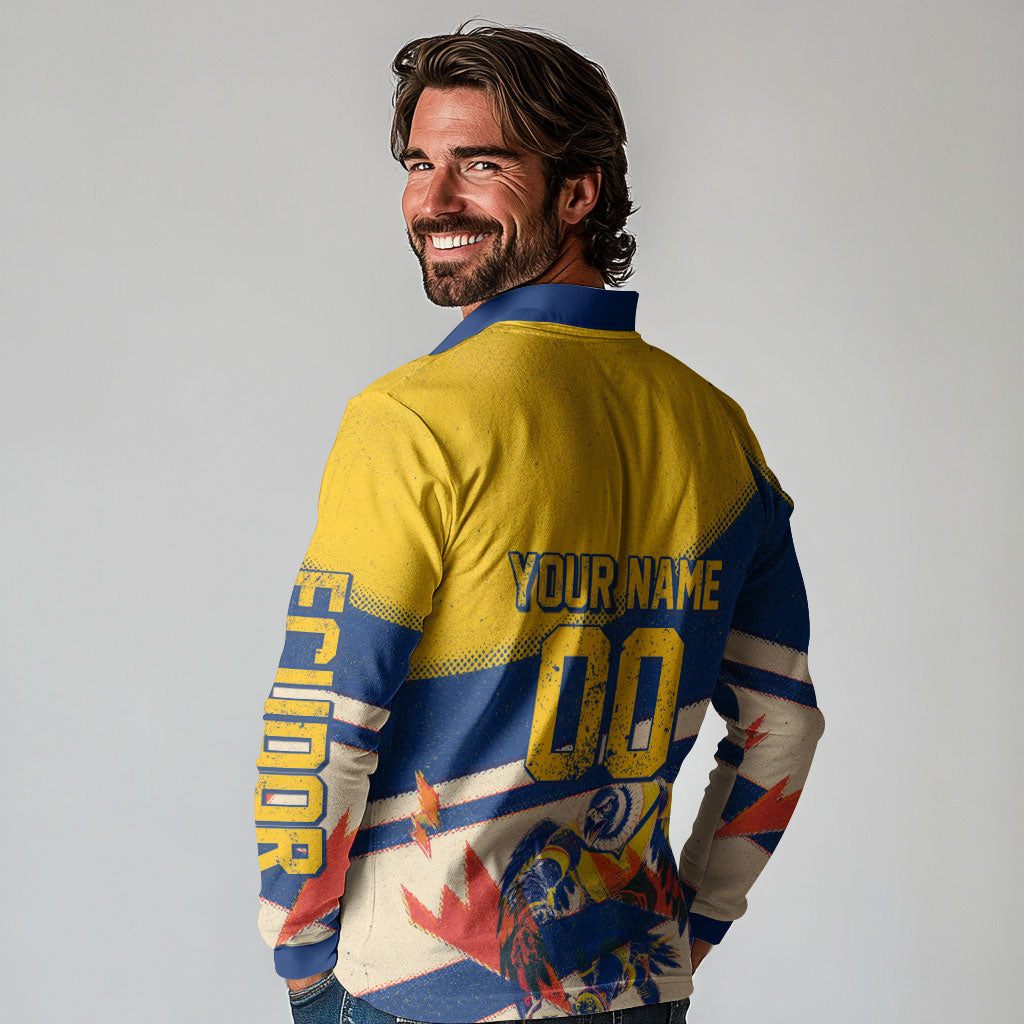 Personalized Ecuador Football Long Sleeve Polo Shirt Condor Vintage Grunge National Pride Soccer Mascot