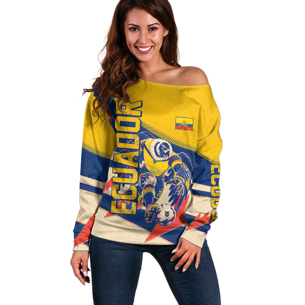 Personalized Ecuador Football Off Shoulder Sweater Condor Vintage Grunge National Pride Soccer Mascot