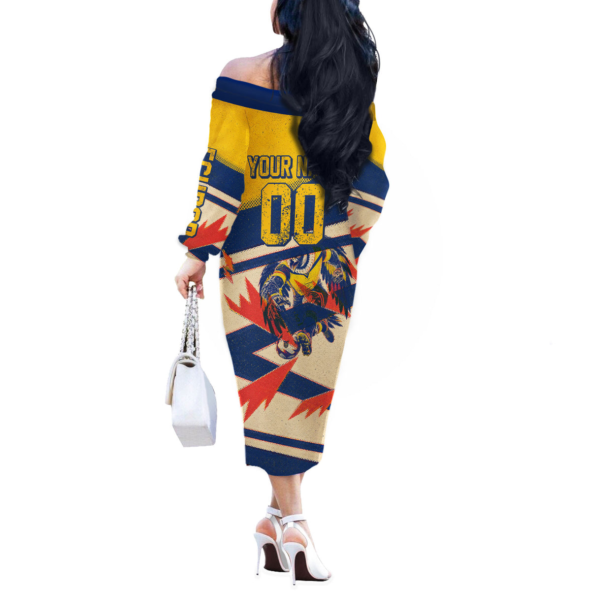 Personalized Ecuador Football Off The Shoulder Long Sleeve Dress Condor Vintage Grunge National Pride Soccer Mascot
