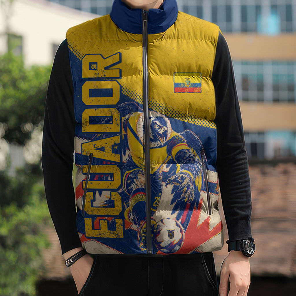 Personalized Ecuador Football Sleeveless Puffer Jacket Condor Vintage Grunge National Pride Soccer Mascot
