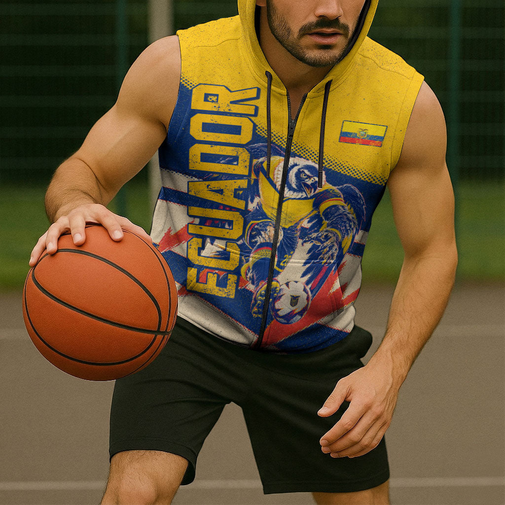 Personalized Ecuador Football Sleeveless Zip Hoodie Condor Vintage Grunge National Pride Soccer Mascot