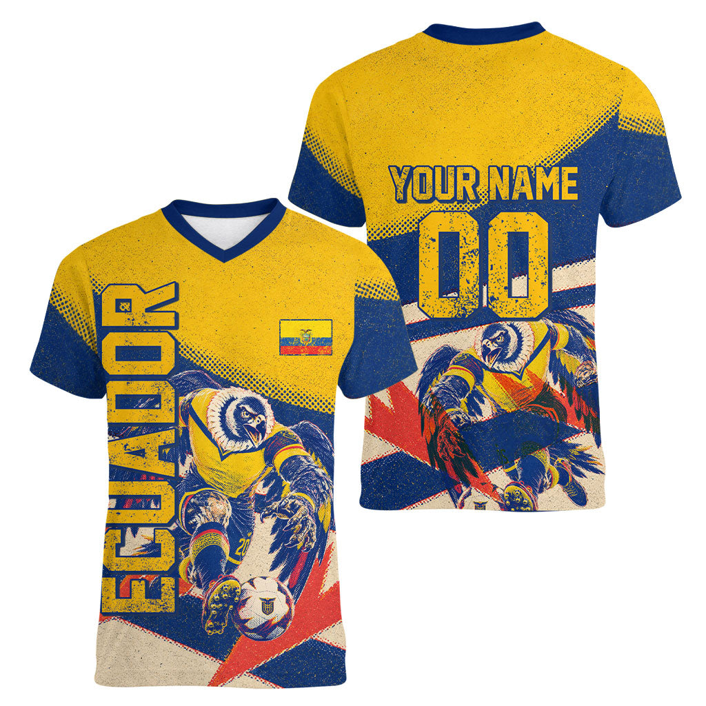 Personalized Ecuador Football Women V-Neck T-Shirt Condor Vintage Grunge National Pride Soccer Mascot