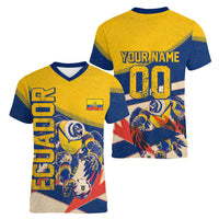 Personalized Ecuador Football Women V-Neck T-Shirt Condor Vintage Grunge National Pride Soccer Mascot