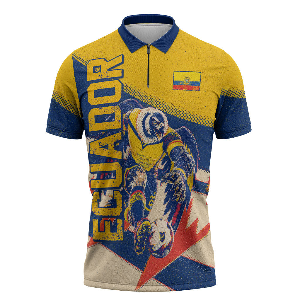 Personalized Ecuador Football Zipper Polo Shirt Condor Vintage Grunge National Pride Soccer Mascot