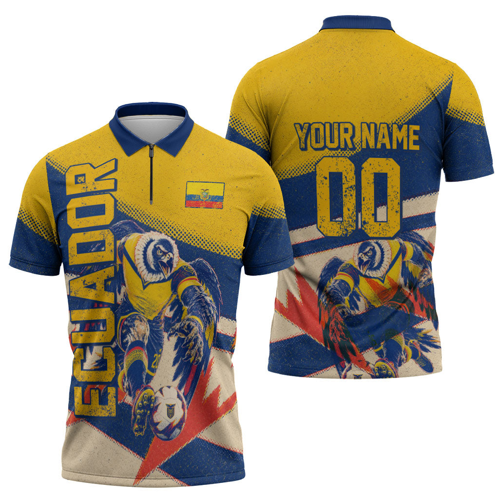 Personalized Ecuador Football Zipper Polo Shirt Condor Vintage Grunge National Pride Soccer Mascot