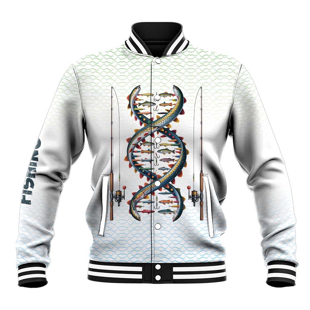 Fishing DNA Baseball Jacket Colorful Fish Illustrations on White Scale For Fisherman - Wonder Print Shop