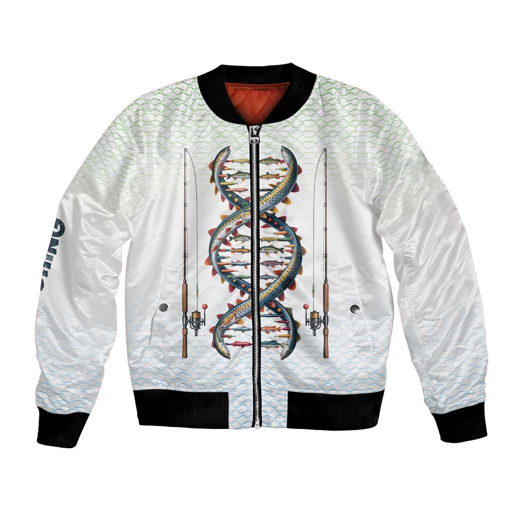 Fishing DNA Bomber Jacket Colorful Fish Illustrations on White Scale For Fisherman - Wonder Print Shop