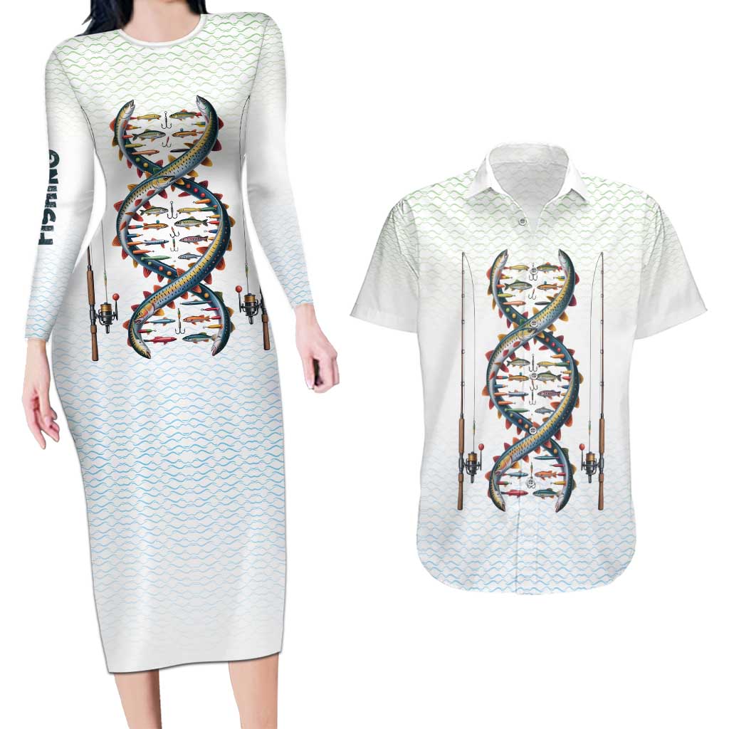 Fishing DNA Couples Matching Long Sleeve Bodycon Dress and Hawaiian Shirt Colorful Fish Illustrations on White Scale For Fisherman - Wonder Print Shop