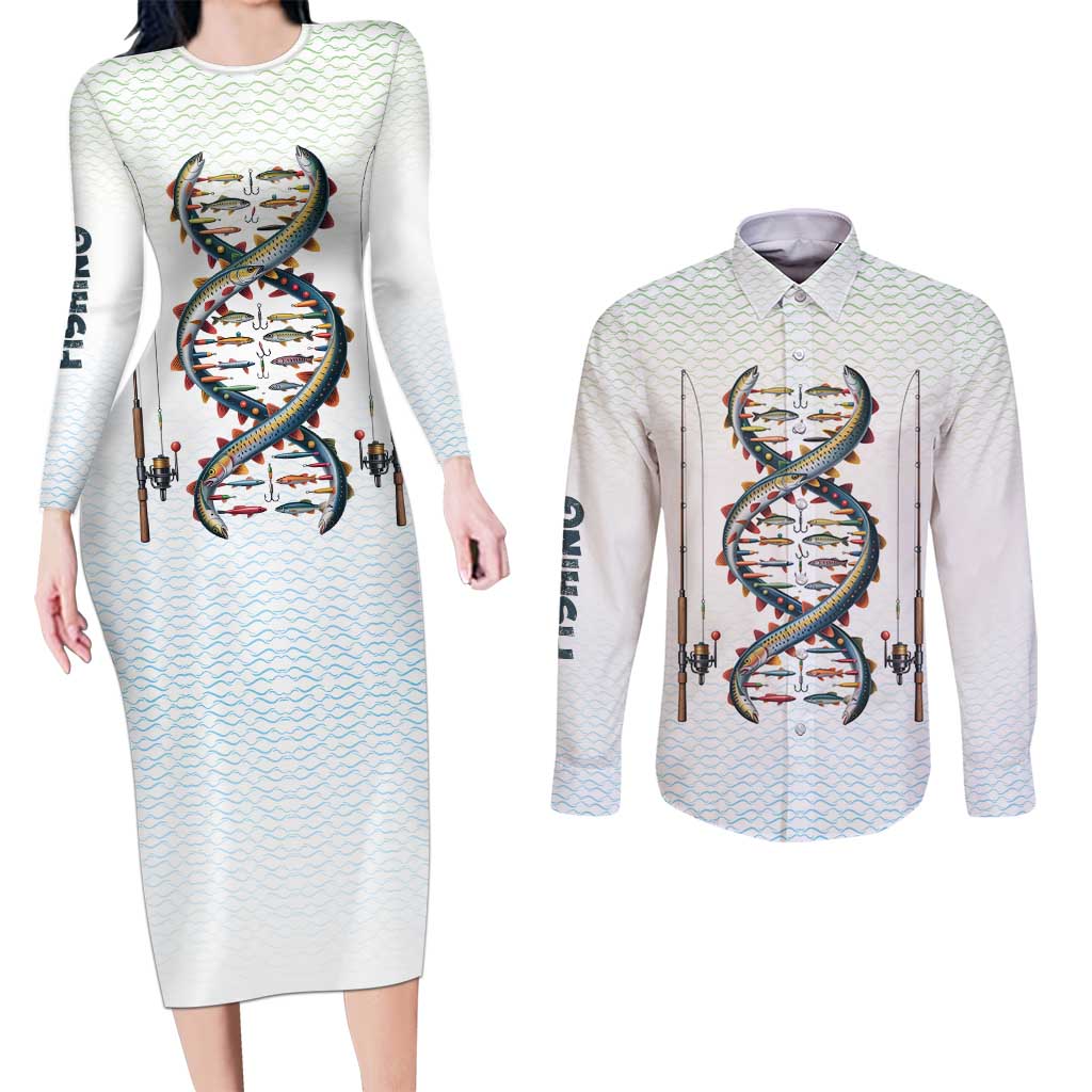 Fishing DNA Couples Matching Long Sleeve Bodycon Dress and Long Sleeve Button Shirt Colorful Fish Illustrations on White Scale For Fisherman - Wonder Print Shop