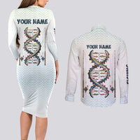 Fishing DNA Couples Matching Long Sleeve Bodycon Dress and Long Sleeve Button Shirt Colorful Fish Illustrations on White Scale For Fisherman - Wonder Print Shop