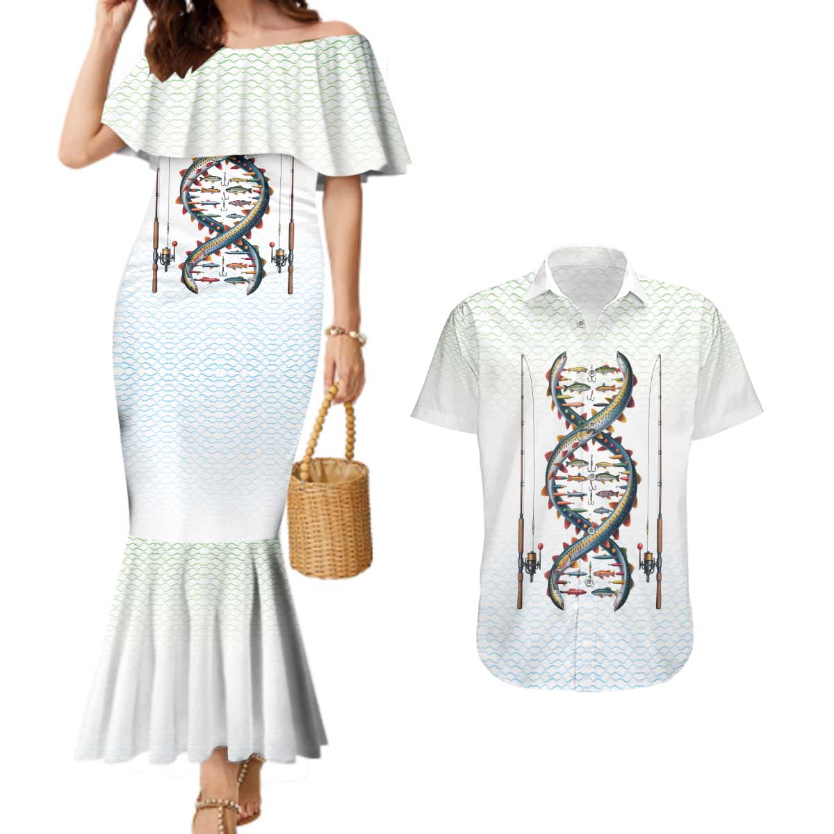 Fishing DNA Couples Matching Mermaid Dress and Hawaiian Shirt Colorful Fish Illustrations on White Scale For Fisherman - Wonder Print Shop
