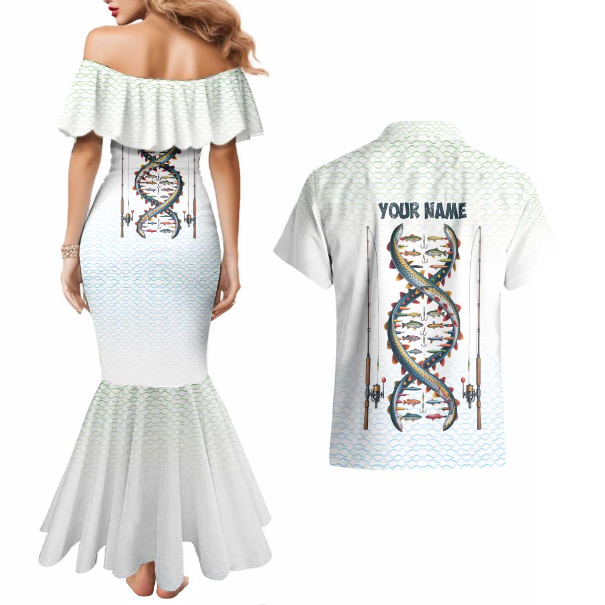 Fishing DNA Couples Matching Mermaid Dress and Hawaiian Shirt Colorful Fish Illustrations on White Scale For Fisherman - Wonder Print Shop