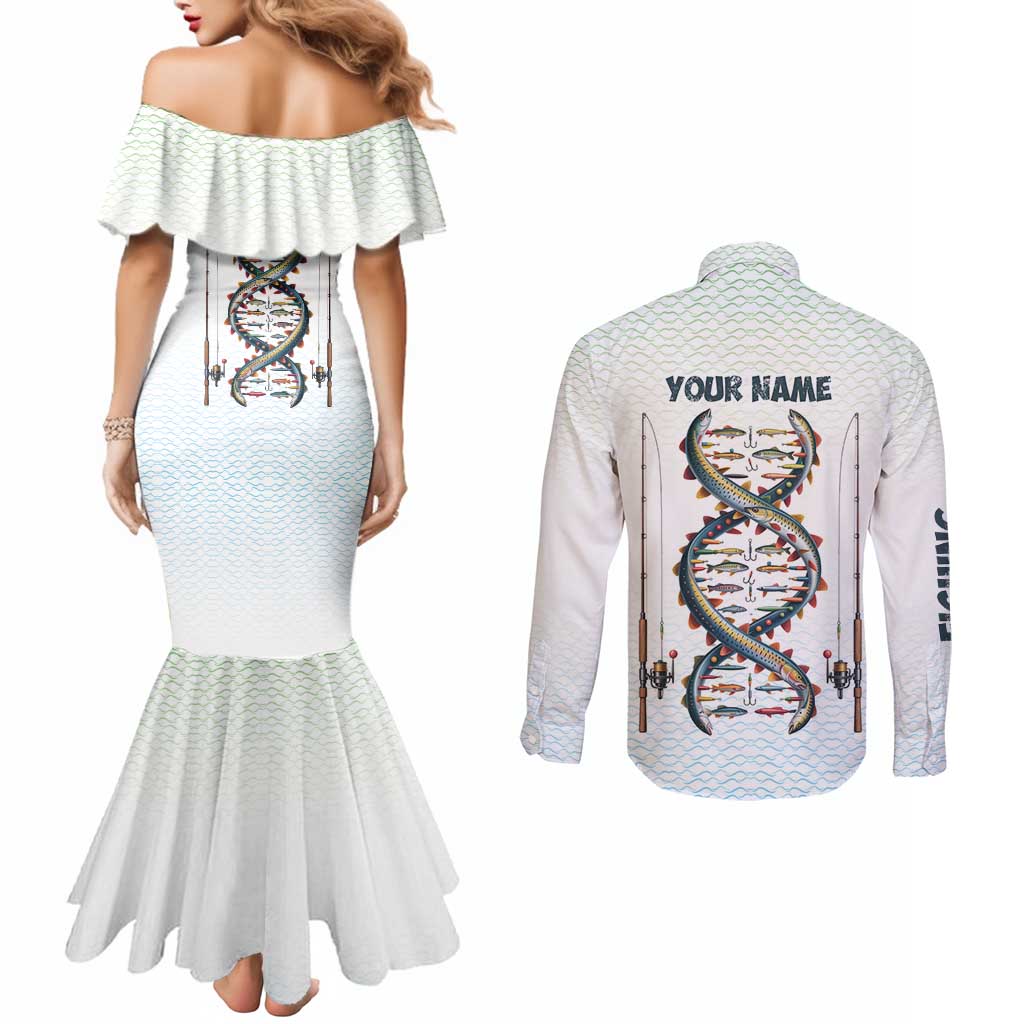 Fishing DNA Couples Matching Mermaid Dress and Long Sleeve Button Shirt Colorful Fish Illustrations on White Scale For Fisherman - Wonder Print Shop