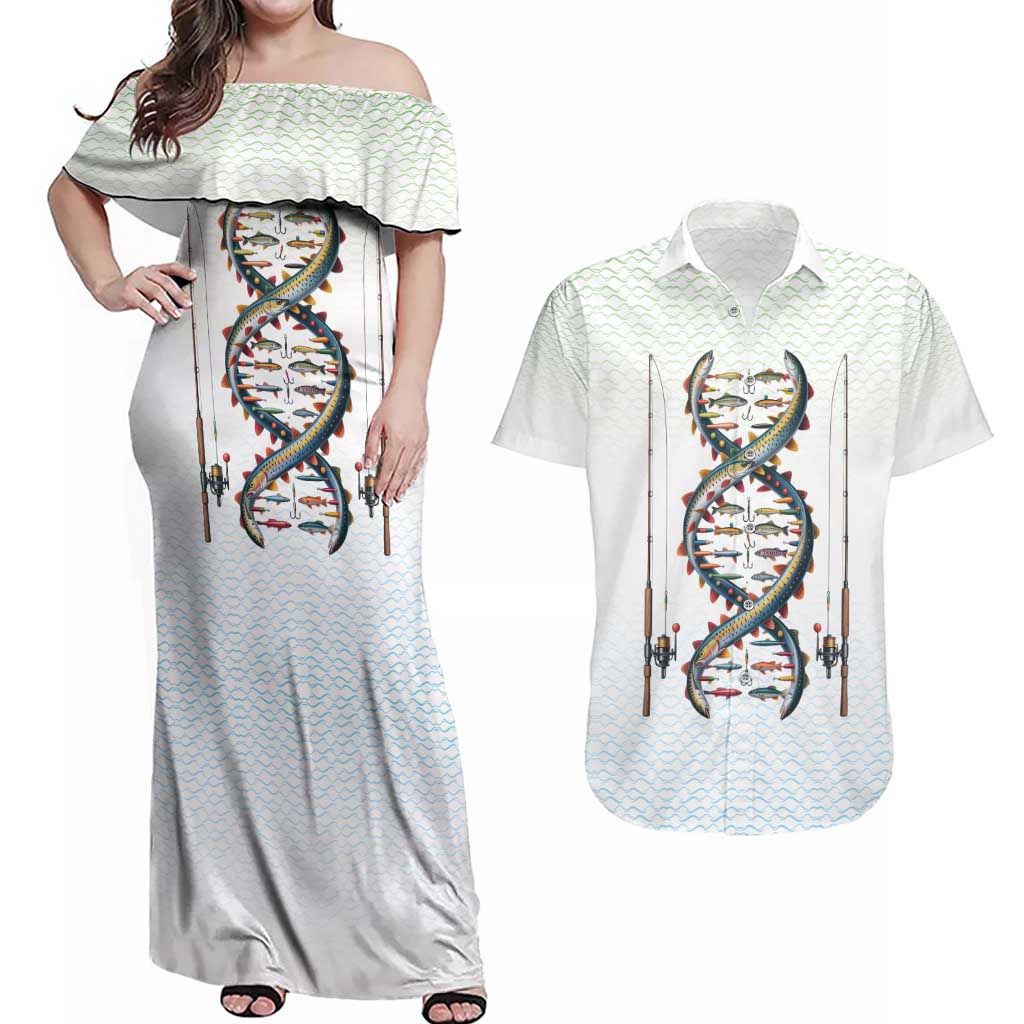 Fishing DNA Couples Matching Off Shoulder Maxi Dress and Hawaiian Shirt Colorful Fish Illustrations on White Scale For Fisherman - Wonder Print Shop