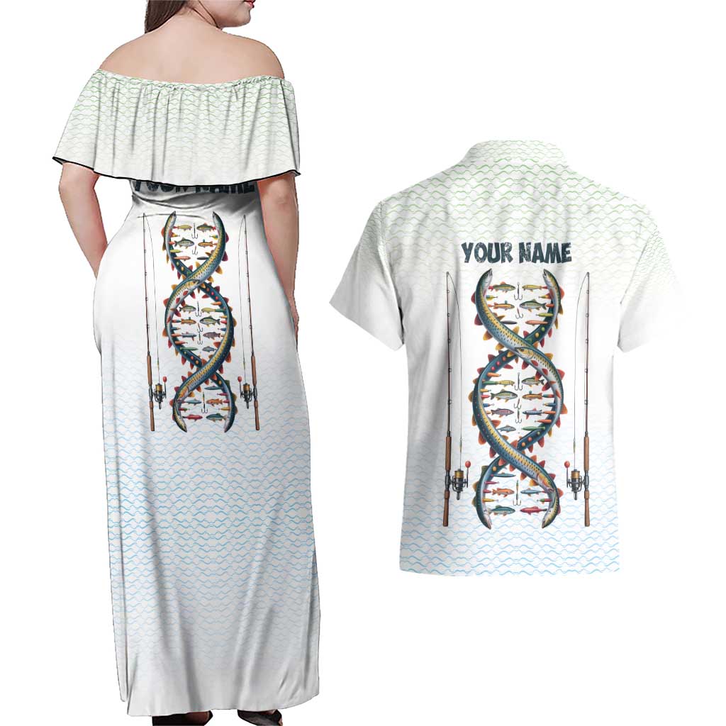 Fishing DNA Couples Matching Off Shoulder Maxi Dress and Hawaiian Shirt Colorful Fish Illustrations on White Scale For Fisherman - Wonder Print Shop