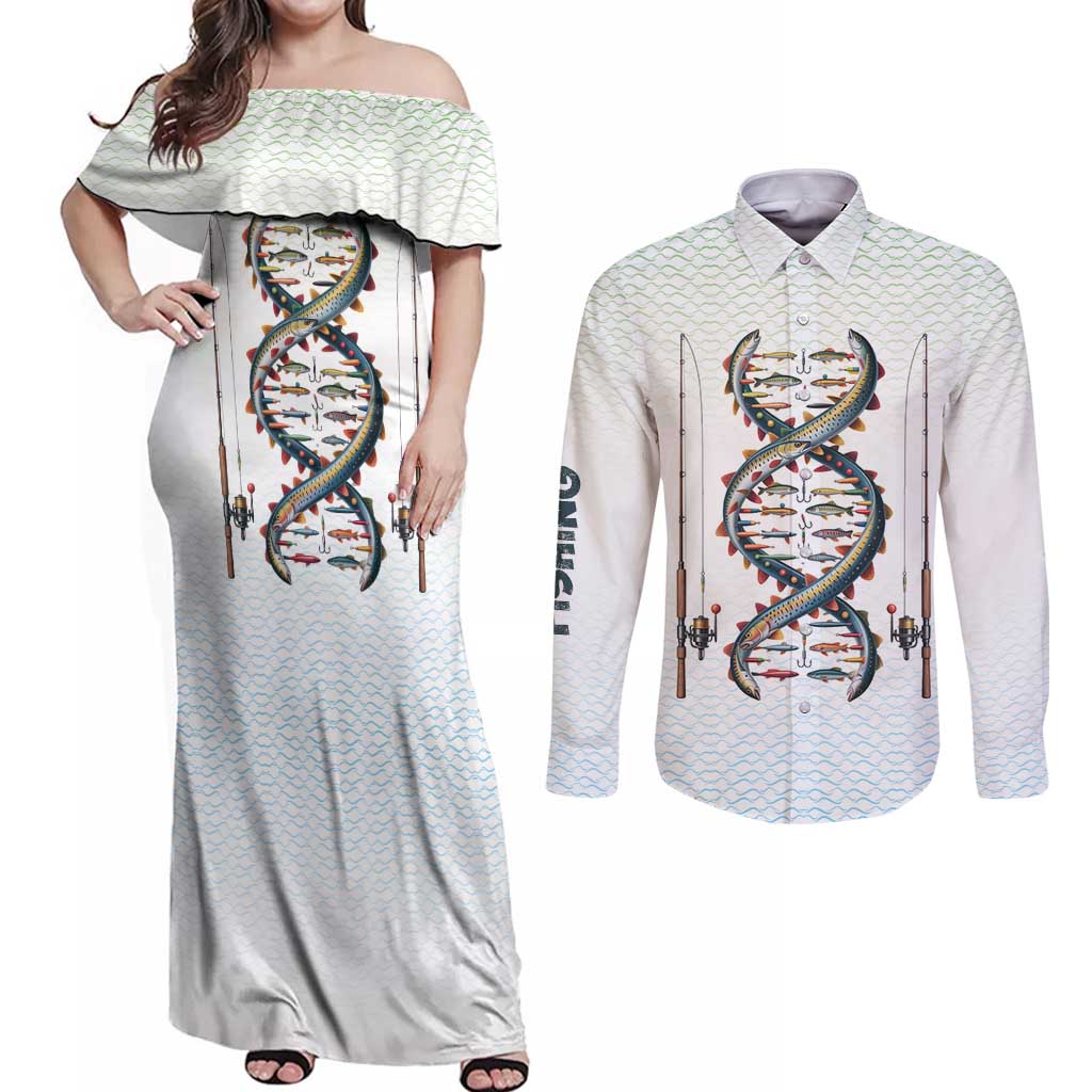Fishing DNA Couples Matching Off Shoulder Maxi Dress and Long Sleeve Button Shirt Colorful Fish Illustrations on White Scale For Fisherman - Wonder Print Shop