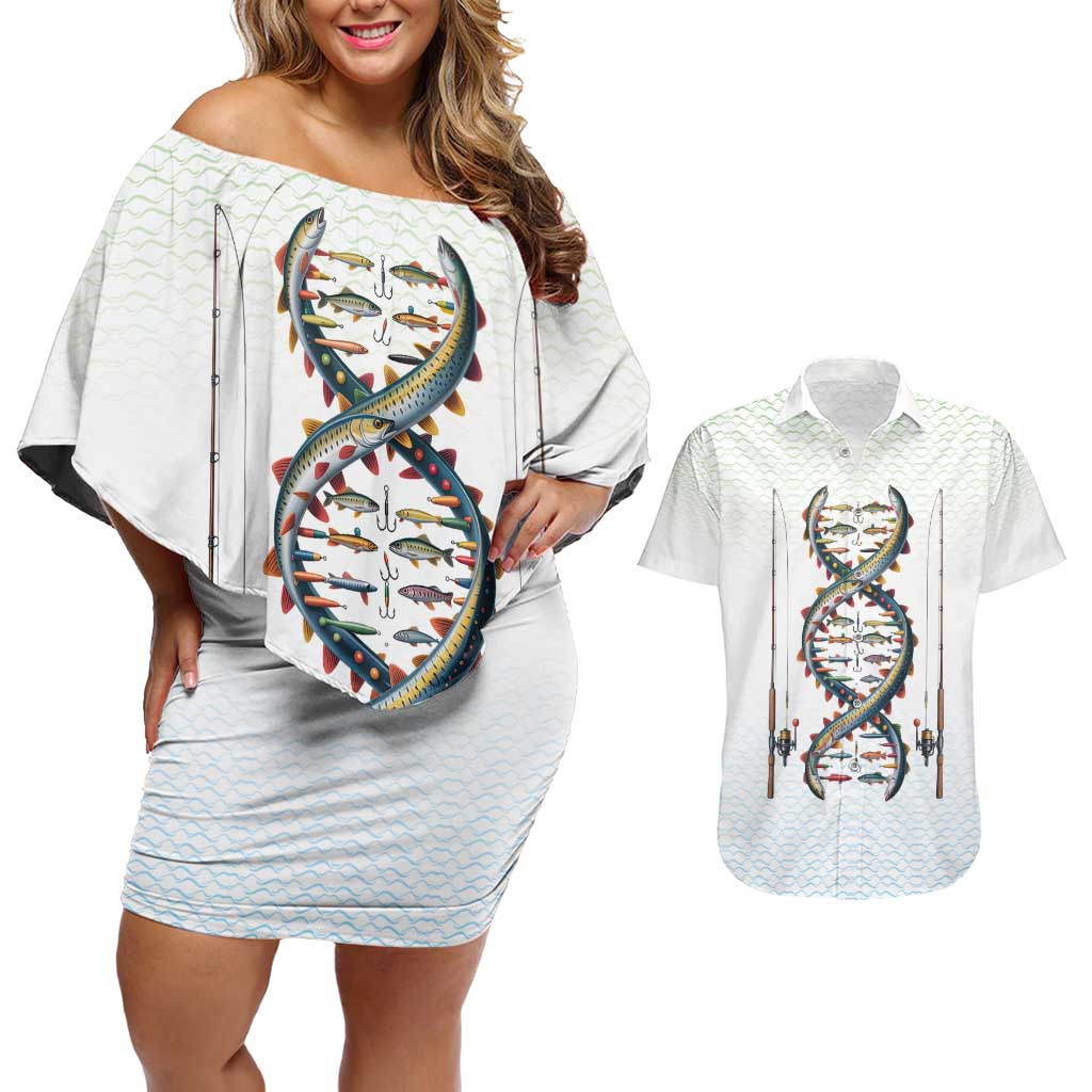 Fishing DNA Couples Matching Off Shoulder Short Dress and Hawaiian Shirt Colorful Fish Illustrations on White Scale For Fisherman - Wonder Print Shop