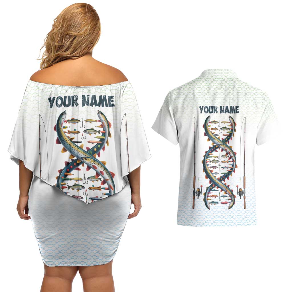 Fishing DNA Couples Matching Off Shoulder Short Dress and Hawaiian Shirt Colorful Fish Illustrations on White Scale For Fisherman - Wonder Print Shop
