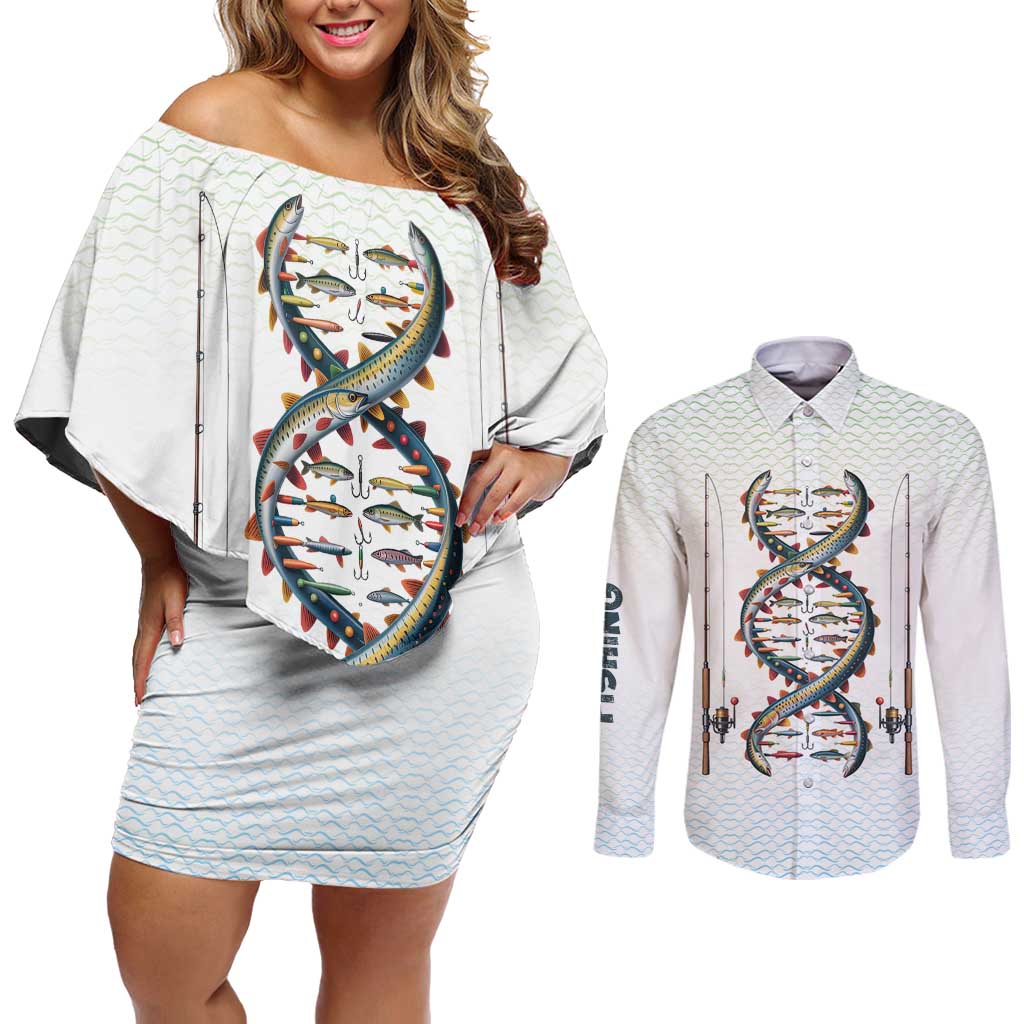 Fishing DNA Couples Matching Off Shoulder Short Dress and Long Sleeve Button Shirt Colorful Fish Illustrations on White Scale For Fisherman - Wonder Print Shop