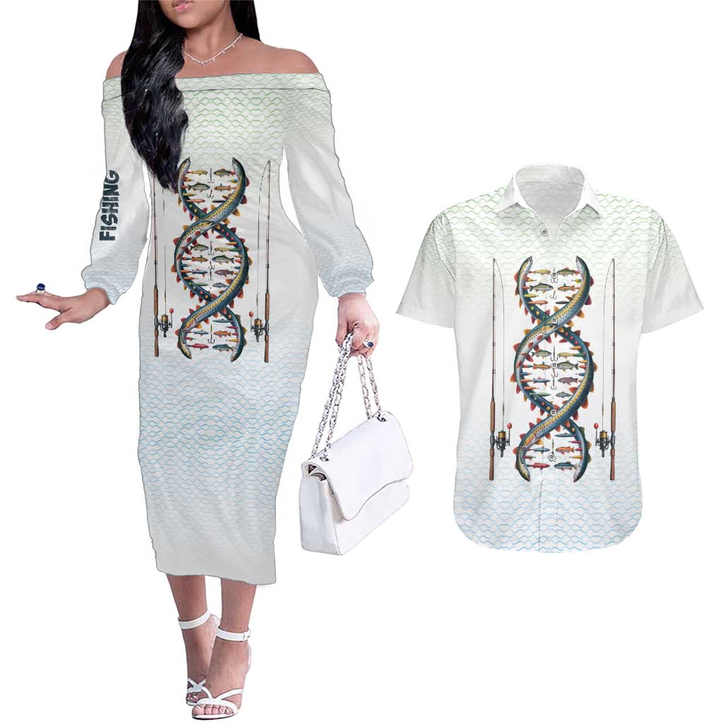 Fishing DNA Couples Matching Off The Shoulder Long Sleeve Dress and Hawaiian Shirt Colorful Fish Illustrations on White Scale For Fisherman - Wonder Print Shop