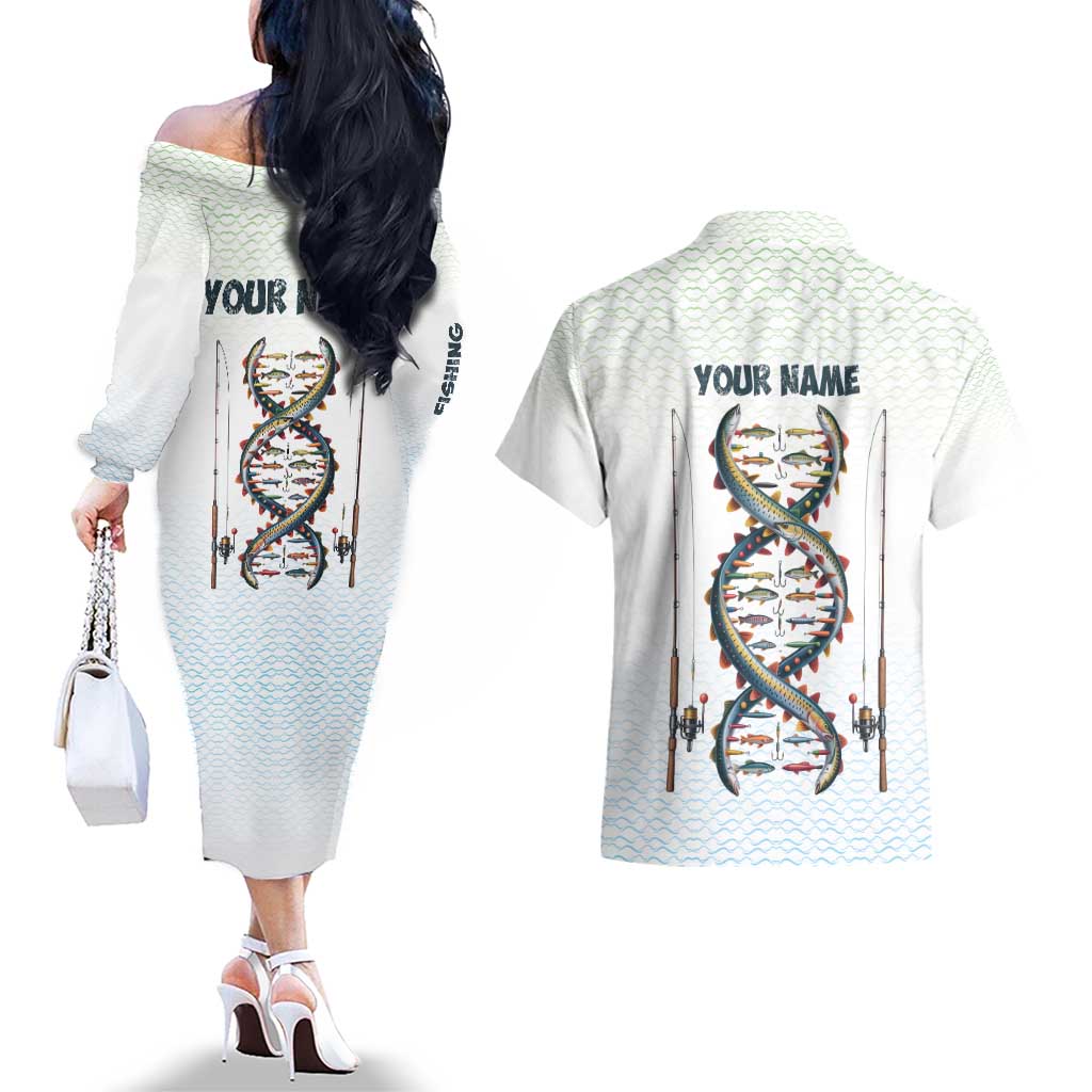 Fishing DNA Couples Matching Off The Shoulder Long Sleeve Dress and Hawaiian Shirt Colorful Fish Illustrations on White Scale For Fisherman - Wonder Print Shop