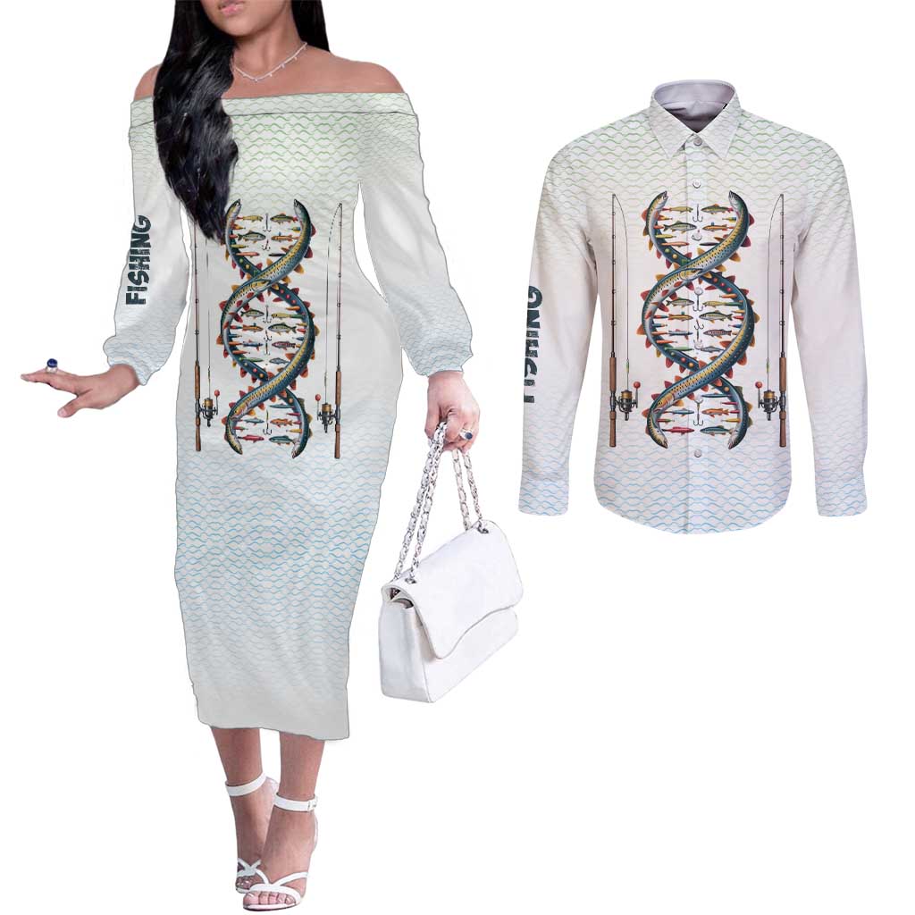Fishing DNA Couples Matching Off The Shoulder Long Sleeve Dress and Long Sleeve Button Shirt Colorful Fish Illustrations on White Scale For Fisherman - Wonder Print Shop