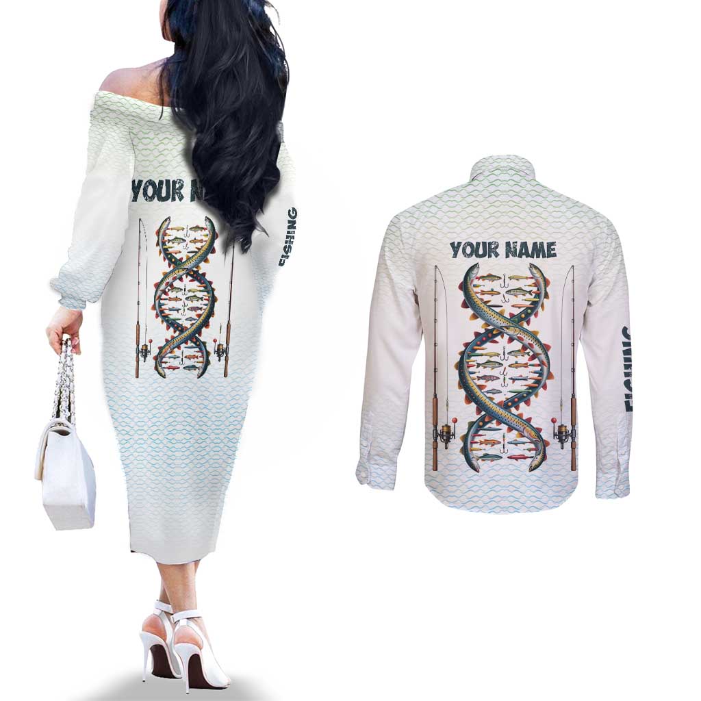 Fishing DNA Couples Matching Off The Shoulder Long Sleeve Dress and Long Sleeve Button Shirt Colorful Fish Illustrations on White Scale For Fisherman - Wonder Print Shop