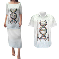 Fishing DNA Couples Matching Puletasi and Hawaiian Shirt Colorful Fish Illustrations on White Scale For Fisherman - Wonder Print Shop