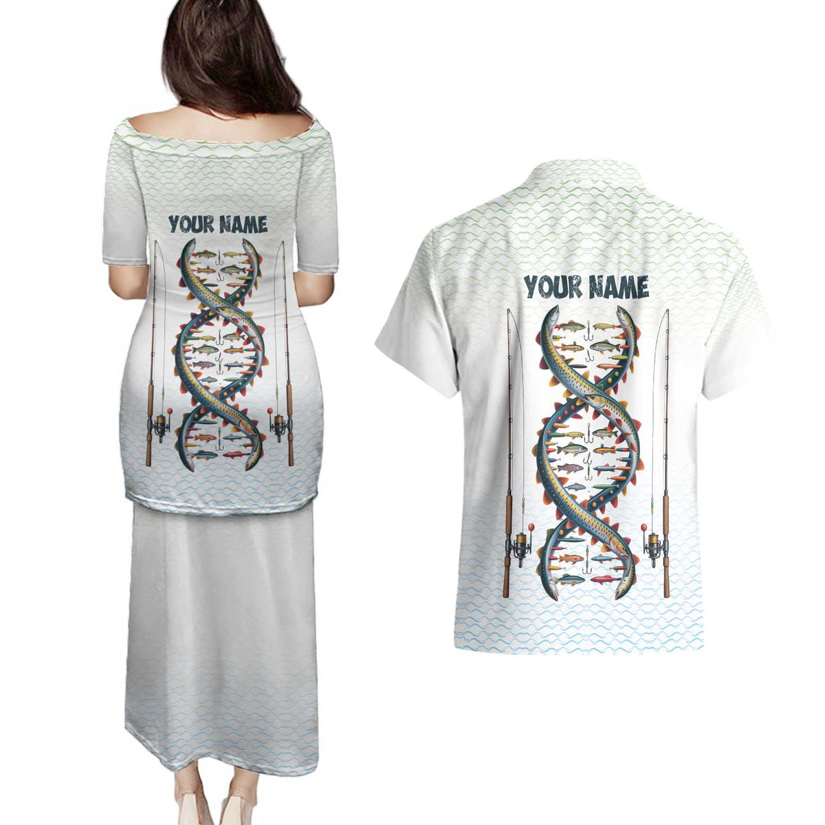 Fishing DNA Couples Matching Puletasi and Hawaiian Shirt Colorful Fish Illustrations on White Scale For Fisherman - Wonder Print Shop