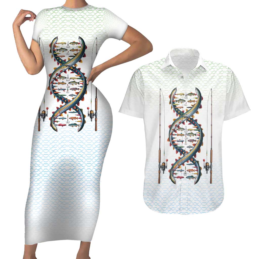 Fishing DNA Couples Matching Short Sleeve Bodycon Dress and Hawaiian Shirt Colorful Fish Illustrations on White Scale For Fisherman - Wonder Print Shop