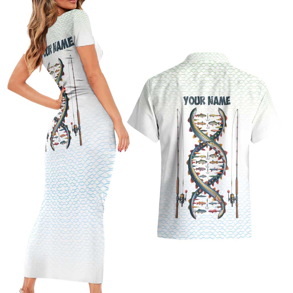 Fishing DNA Couples Matching Short Sleeve Bodycon Dress and Hawaiian Shirt Colorful Fish Illustrations on White Scale For Fisherman - Wonder Print Shop