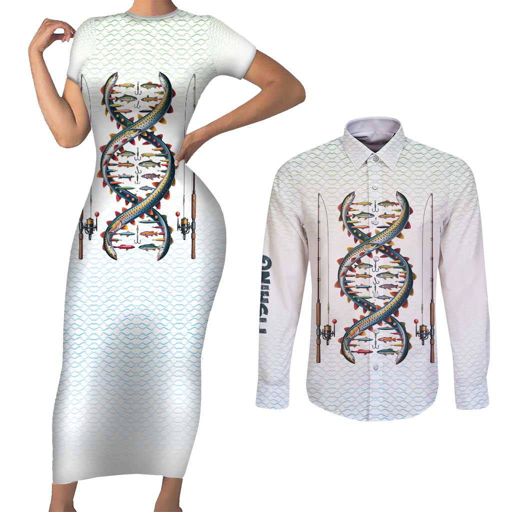 Fishing DNA Couples Matching Short Sleeve Bodycon Dress and Long Sleeve Button Shirt Colorful Fish Illustrations on White Scale For Fisherman - Wonder Print Shop