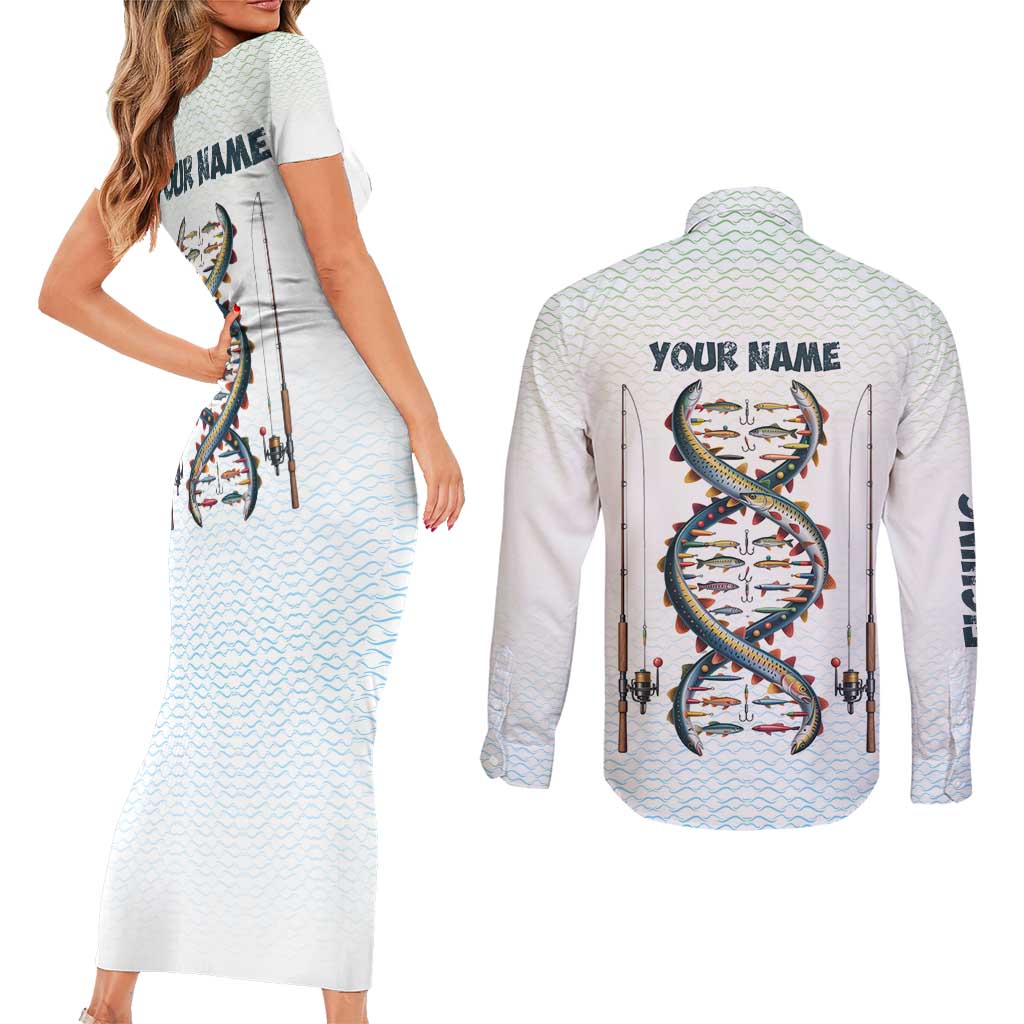 Fishing DNA Couples Matching Short Sleeve Bodycon Dress and Long Sleeve Button Shirt Colorful Fish Illustrations on White Scale For Fisherman - Wonder Print Shop