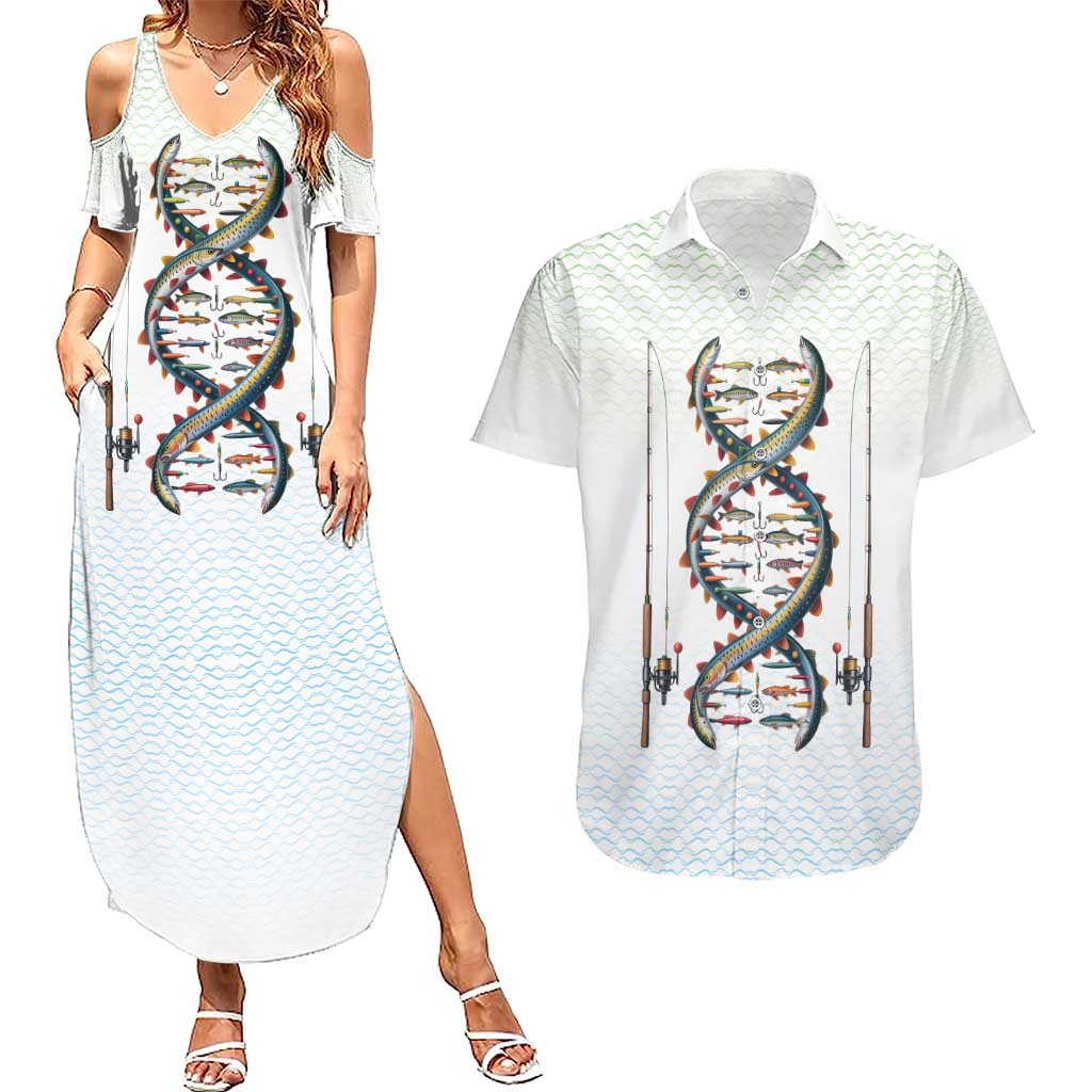 Fishing DNA Couples Matching Summer Maxi Dress and Hawaiian Shirt Colorful Fish Illustrations on White Scale For Fisherman - Wonder Print Shop