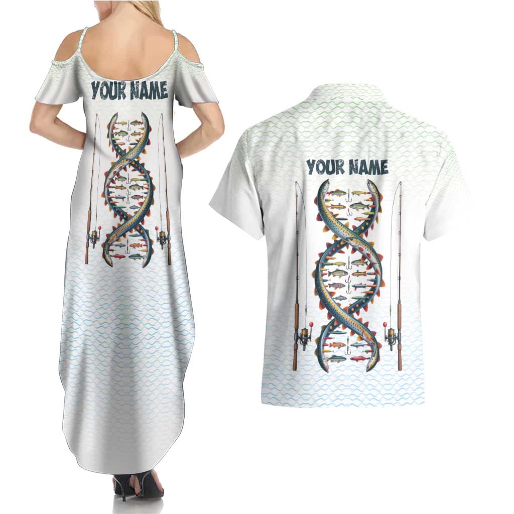 Fishing DNA Couples Matching Summer Maxi Dress and Hawaiian Shirt Colorful Fish Illustrations on White Scale For Fisherman - Wonder Print Shop