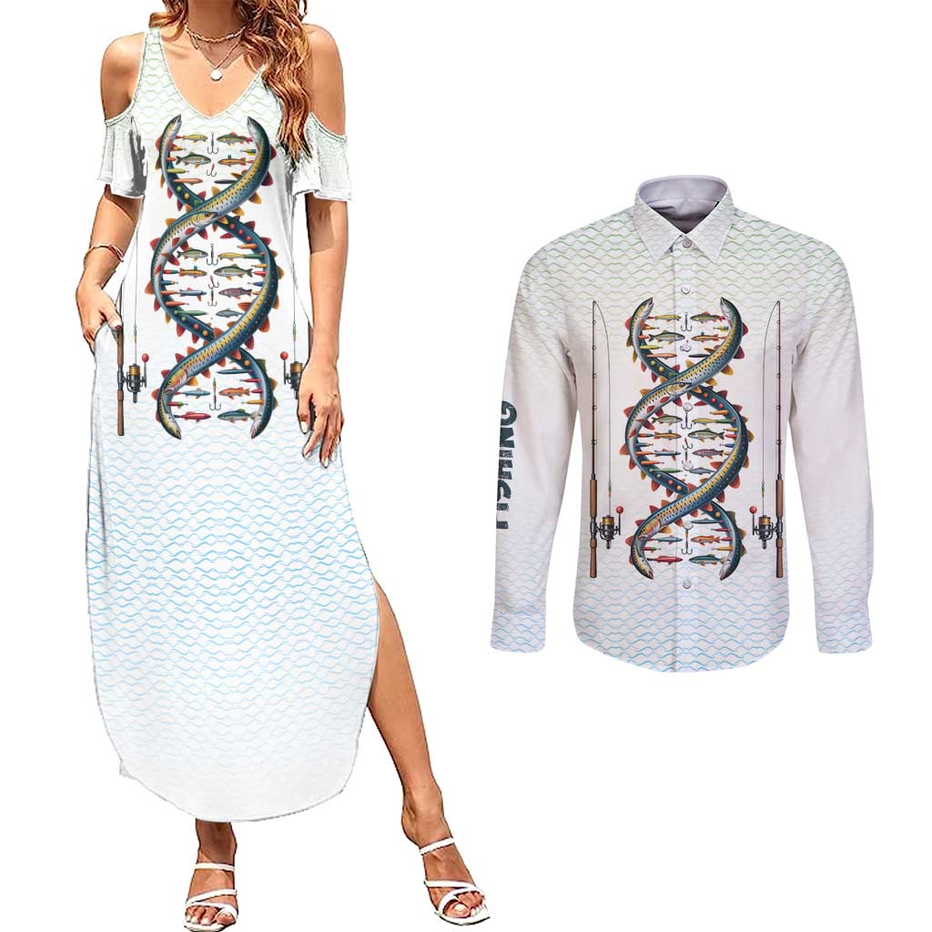 Fishing DNA Couples Matching Summer Maxi Dress and Long Sleeve Button Shirt Colorful Fish Illustrations on White Scale For Fisherman - Wonder Print Shop