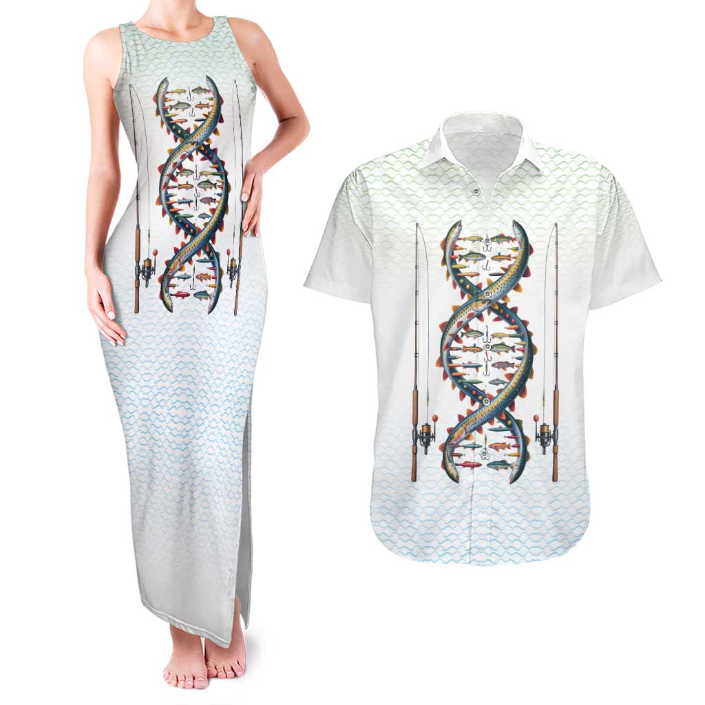 Fishing DNA Couples Matching Tank Maxi Dress and Hawaiian Shirt Colorful Fish Illustrations on White Scale For Fisherman - Wonder Print Shop