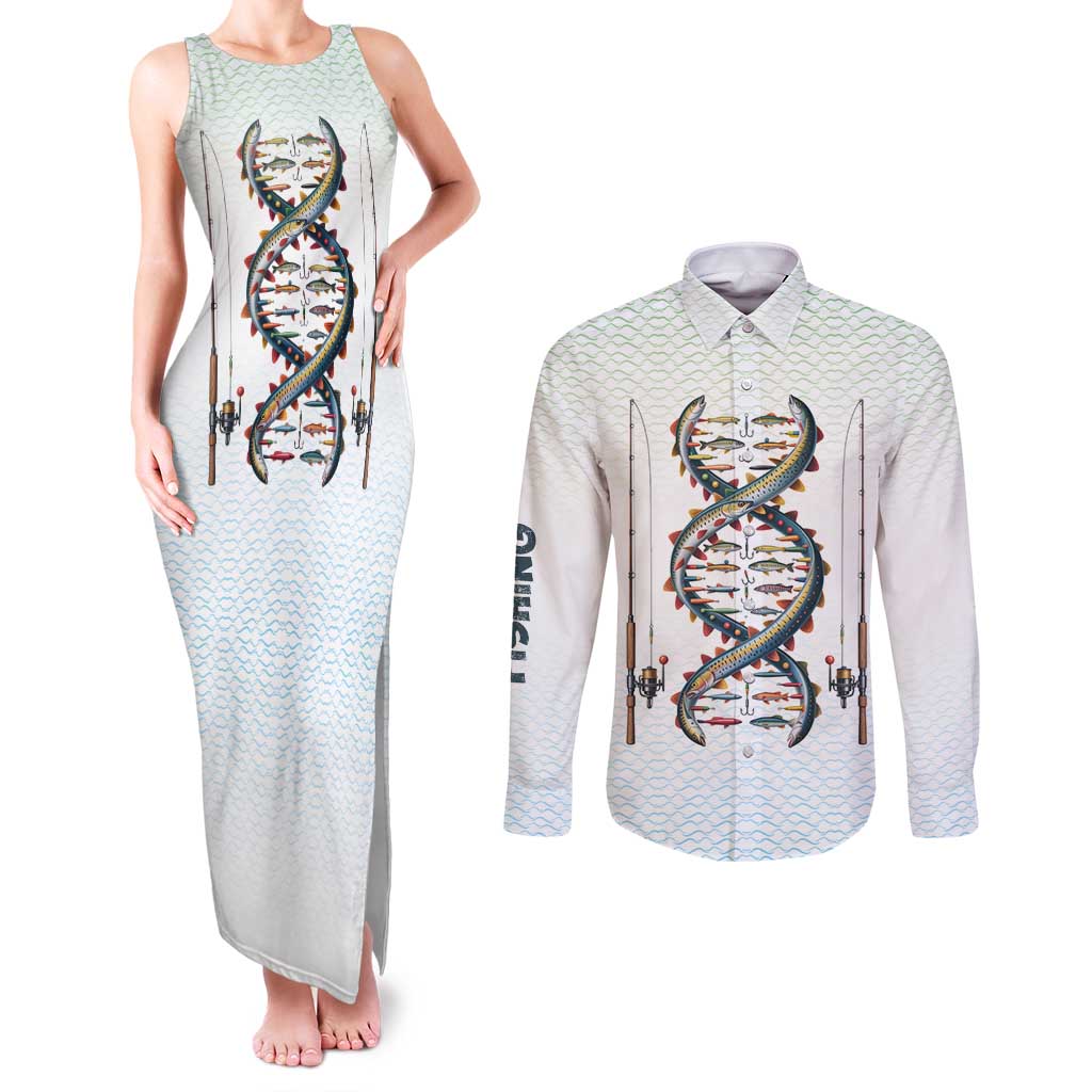 Fishing DNA Couples Matching Tank Maxi Dress and Long Sleeve Button Shirt Colorful Fish Illustrations on White Scale For Fisherman - Wonder Print Shop