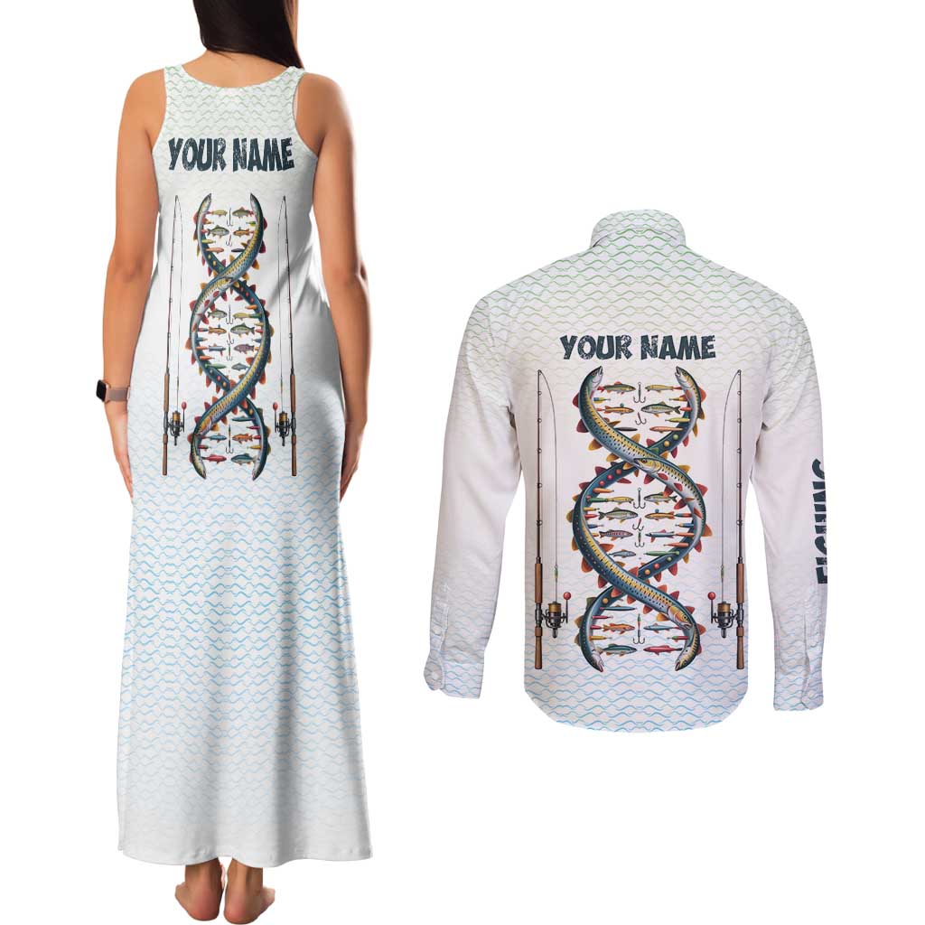 Fishing DNA Couples Matching Tank Maxi Dress and Long Sleeve Button Shirt Colorful Fish Illustrations on White Scale For Fisherman - Wonder Print Shop