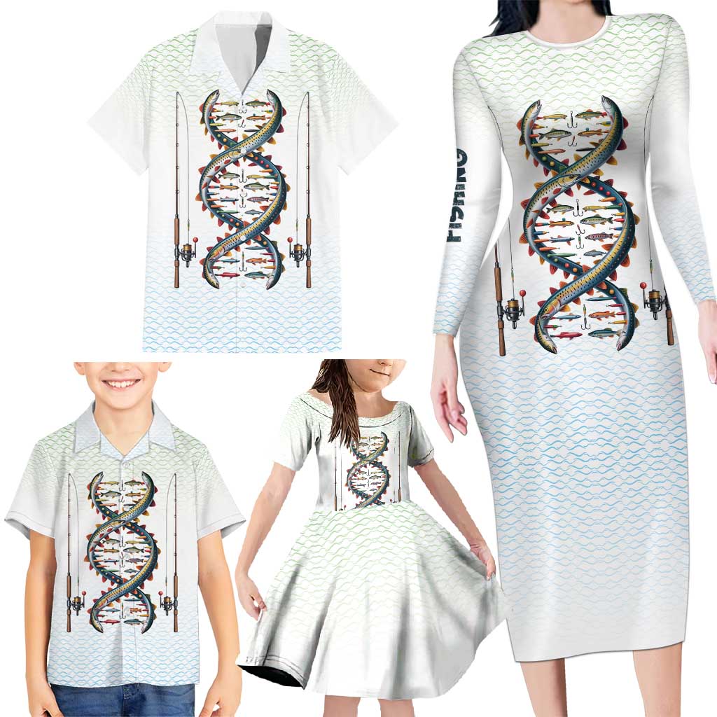 Fishing DNA Family Matching Long Sleeve Bodycon Dress and Hawaiian Shirt Colorful Fish Illustrations on White Scale For Fisherman - Wonder Print Shop