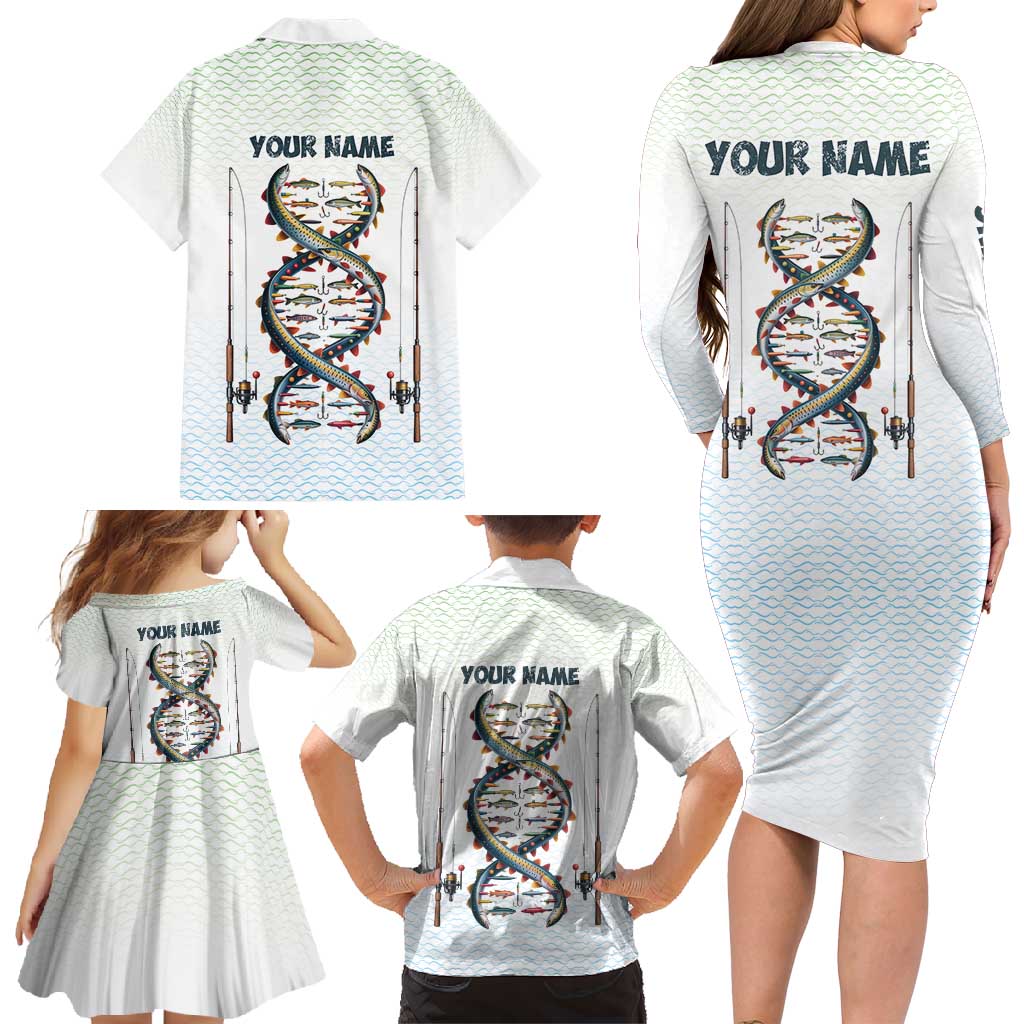 Fishing DNA Family Matching Long Sleeve Bodycon Dress and Hawaiian Shirt Colorful Fish Illustrations on White Scale For Fisherman - Wonder Print Shop