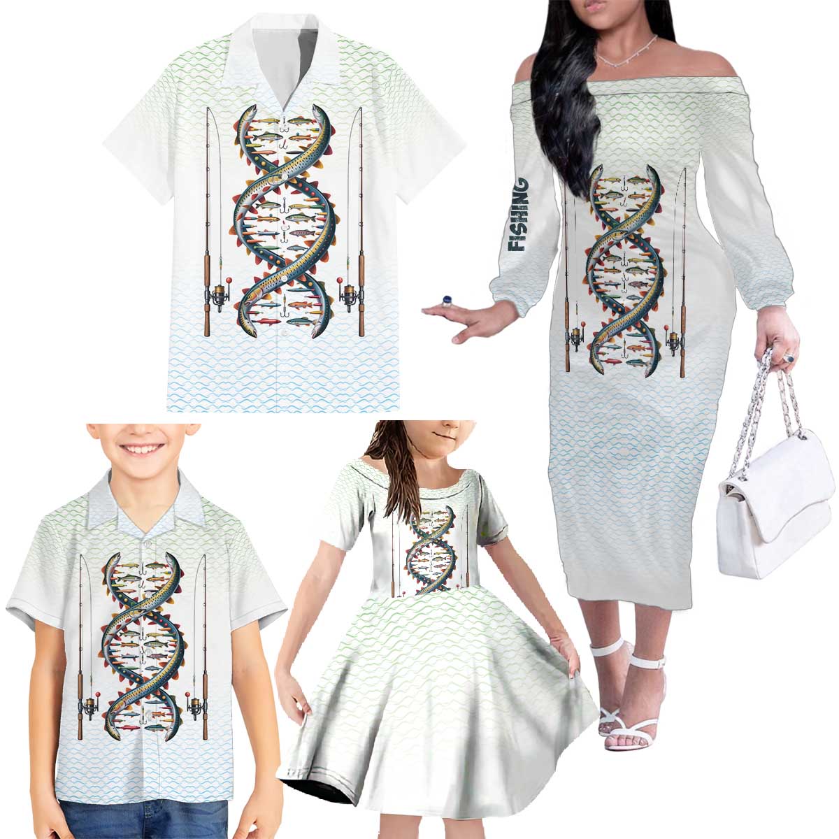 Fishing DNA Family Matching Off The Shoulder Long Sleeve Dress and Hawaiian Shirt Colorful Fish Illustrations on White Scale For Fisherman - Wonder Print Shop