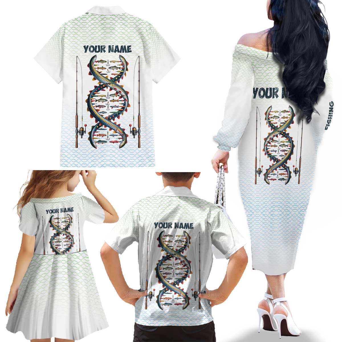 Fishing DNA Family Matching Off The Shoulder Long Sleeve Dress and Hawaiian Shirt Colorful Fish Illustrations on White Scale For Fisherman - Wonder Print Shop