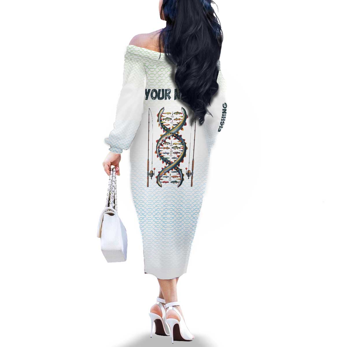 Fishing DNA Family Matching Off The Shoulder Long Sleeve Dress and Hawaiian Shirt Colorful Fish Illustrations on White Scale For Fisherman - Wonder Print Shop